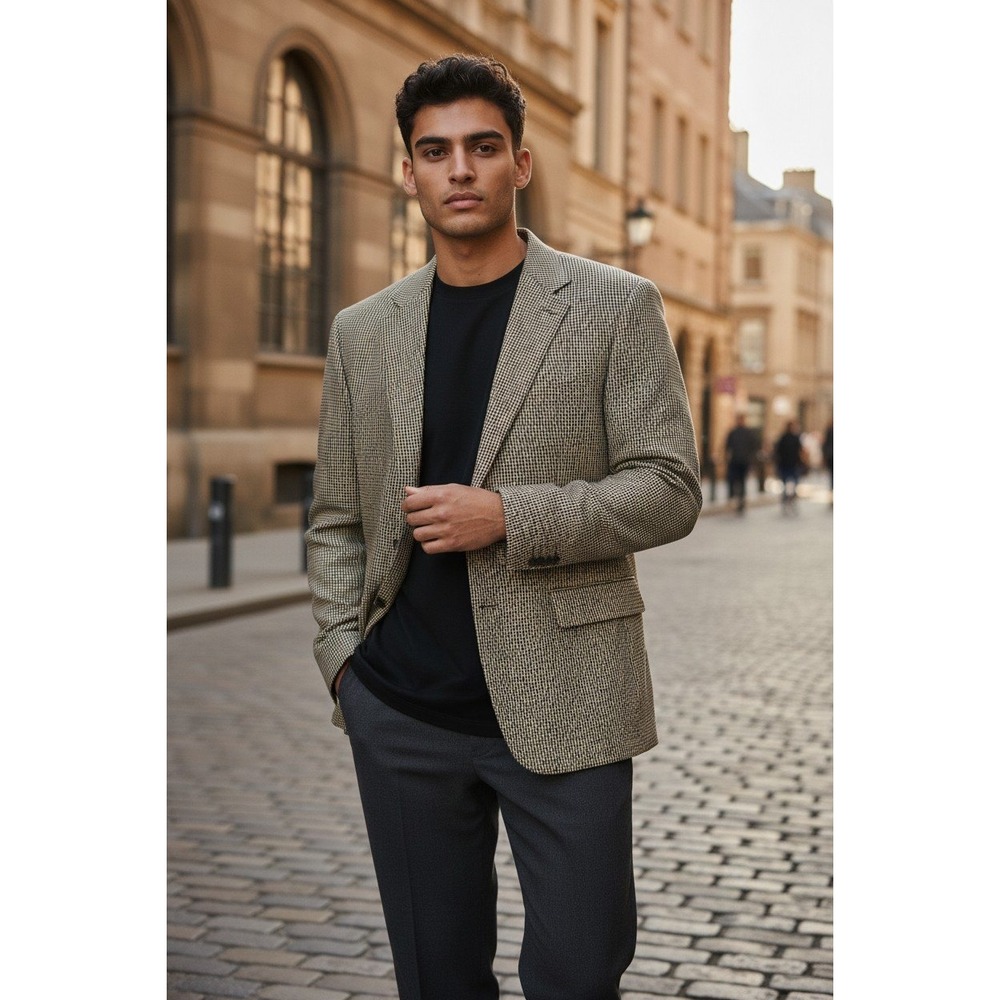 Nautica Mens Micro Houndstooth Blazer Tan Navy Two Button